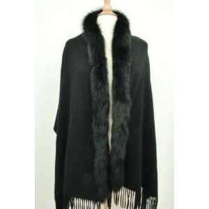 Jet Black Cashmere Cape Wrap Shawl with One Side Fox Fur 