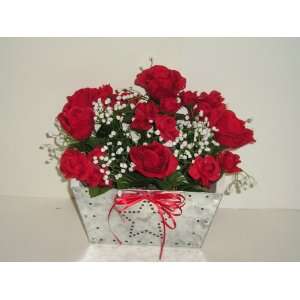 Red Roses with Babys Breath in Punched Tin and Wood Container (9tall 
