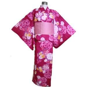  Kimono Yukata (y066b)Red & Pink Flowers+ Obi Belt: Toys 