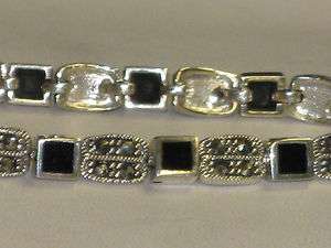 marcassite sterling silver bracelet 7=clasp length+black onyx squares 