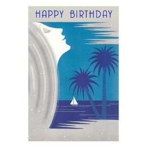 Happy Birthday, Womans Profile and Palm Trees Giclee Poster Print 