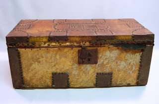 Antique Wood, Tin & Rawhide Leather American Stagecoach Trunk Chest 