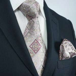  Landisun 42K Gray Pink Checks Mens Silk Tie Set Tie+Hanky 