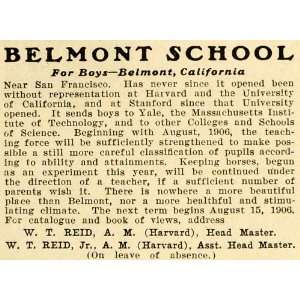 1906 Ad Belmont School Boys Reid Harvard College Yale   Original Print 