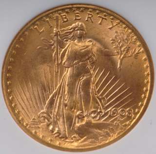1908 No Motto $20 Gold Saint Gaudens Double Eagle NGC MS66 Wells Fargo 