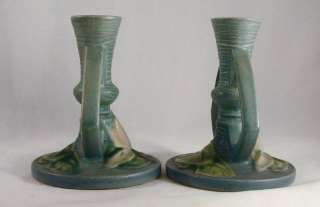   Pottery Pair of Blue Water Lily Candlestick Holders 1155 4 1/2  