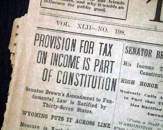   Ratified INCOME TAX Start U.S. Constitution 1913 Old Newspaper  