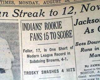 Hall of Fame BOB FELLERs 1st Start 17 yrs. old Cleveland Indians 1936 