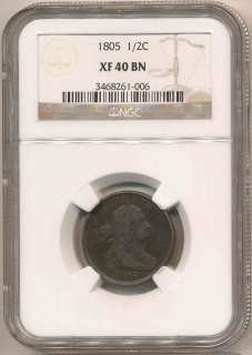 1805 DRAPED BUST HALF CENT XF40BN NGC. Pleasing & Problem Free.  