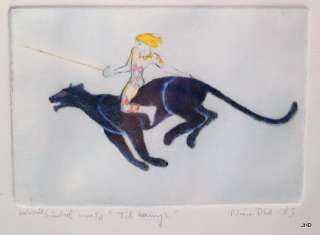 NINA DUE Watercolor GIRL RIDING PANTHER Framed 11 x 8  