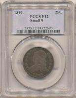 1819 SM 9 CAPPED BUST QUARTER F12 PCGS. Desirable Early Bust 25C 
