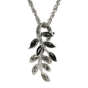   Synthetic Onyx and Marcasite Leaf Pendant Necklace, 18 Jewelry