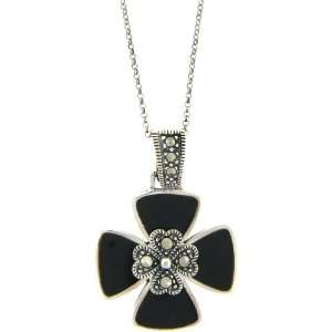    Sterling Silver Marcasite Black Onyx Flower Pendant: Jewelry