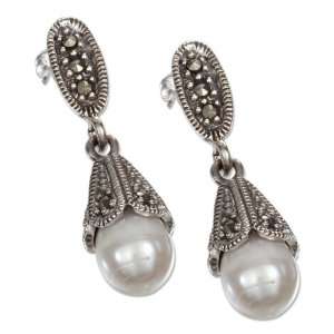   Silver Fresh Water Pearl and Marcasite Bell Dangle Earrings: Jewelry