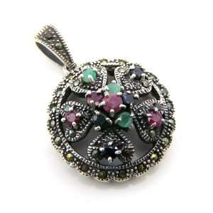  Ruby Emerald Sapphire Gemstone Marcasite Genuine 925 Silver Pendant