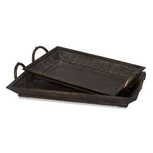 Wooden Trays with Metal Handle Pair 