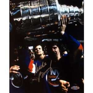  Mike Bossy Cup Over Head in Blue Jersey Autographed 