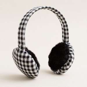 HOUNDSTOOTH BLACK AND WHITE WINTER EAR MUFFS WITH FAUX FUR 