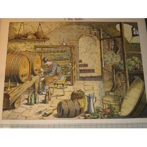  1899 German Color Lithograph Der Keller The Cellar   Wine 