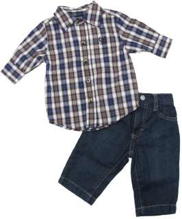 IZOD Boys 3/6 MOS Brown/Purple Plaid Button Down Shirt & Blue Jeans 