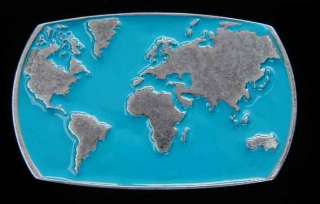 WORLD MAP BLUE BACKGROUND BELT BUCKLE NEW! WORLDLY!  