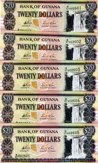 Wholesale Lot, Guyana, 5 x 20 dollars, 1996, P 30, UNC  