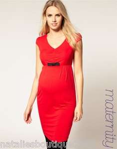 New Short Sleeve  MATERNITY Workwear Rouched Dress With Bow Red 8 