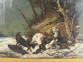 Early 1800s Russian Oil Painting Wolf Attack  