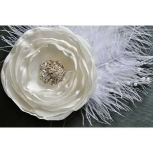White Satin, Rhinestone and Ostrich Feather Bridal Fascinator   Custom 
