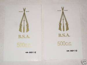 BSA motor Cycles piled arms side cover decals 500cc  
