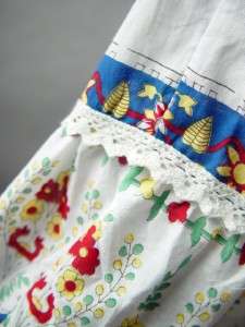   Folk Ethnic Spanish Floral Print Ruffle Lace White Cotton Sun Dress M