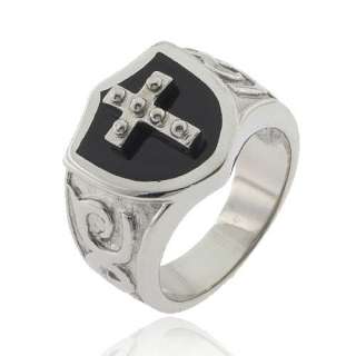 New 316 Steel Cross Black Stone Shield Gothic Mens Ring  