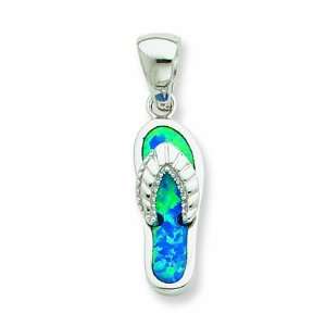    Sterling Silver Created Blue Inlay Opal Sandal Pendant Jewelry