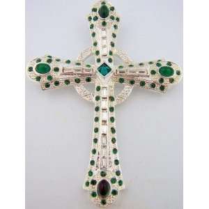   Silver Crystal Emerald Bishop Pectoral Cross On Fine Gilded 30 Chain