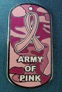 New Breast Cancer Ribbon Dog Tag Army of Pink Camo Pin  