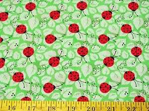 BTY LADY BUGS ON GREEN LEAVES ALL COTTON FABRIC 42/44  
