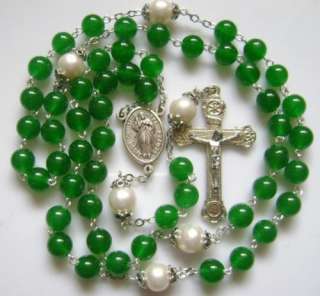 Rare Green Jade Beads & AAA10MM Real Pearl Rosary Cross  