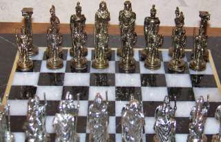 12 Square Marble Board with Ancient ROMAN Metal Figures Chess Set 