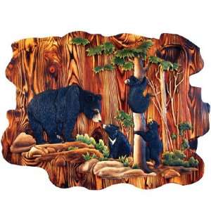  Black Bear and Cubs in Forest Wood Art: Home & Kitchen