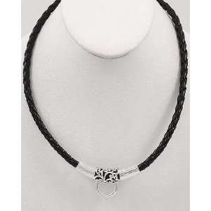 Black Braided Leatherette Cord Necklace w/ an Ornate Silver Filigree 