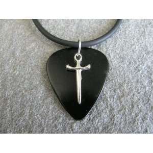  Necklace with Dagger Cross Charm on Black Fender Guitar Pick Unique 