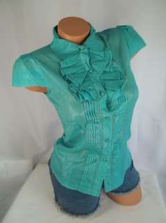 Aqua green button up ruffle shirt top blouse S M L juniors fitted 