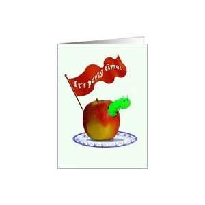  Its party Time, Invitation, green worm and apple Card 