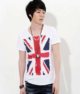 New Mens Fashion Korea Union Jack Printed Short T shirt White M L XL 