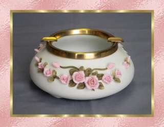 ANTIQUE CAMILLE NAUDOT BISQUE APPLIED ROSES ASHTRAY  