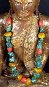 OLD TIBETAN TURQUOISE CORAL AMBER BEAD NECKLACE  