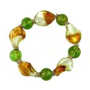 Bracelet   B61   Murano Style Glass   Twists   Stretch ~ Green, Gold 