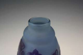 C1920 FRENCH CAMEO ART GLASS BLUE VASE W/ BELL FLOWERS SIGNED D 
