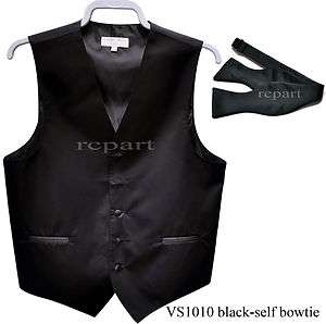 NEW Mens Tuxedo Vest Black & self tie bow tie wedding prom size M 