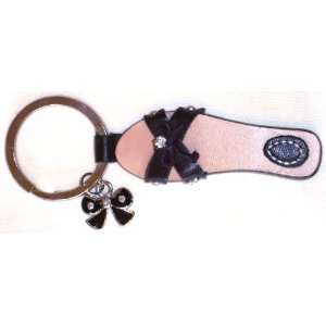  Black Leather Bow Flip Flop Key Ring with Black Bow Charm 